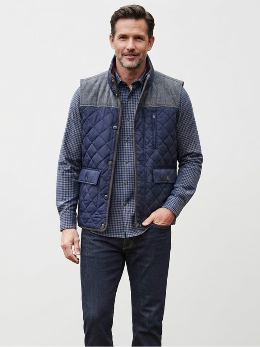 Vince Camuto Men's Quilted Vest Navy Blue Gray Herringbone Wool Trim Size XL